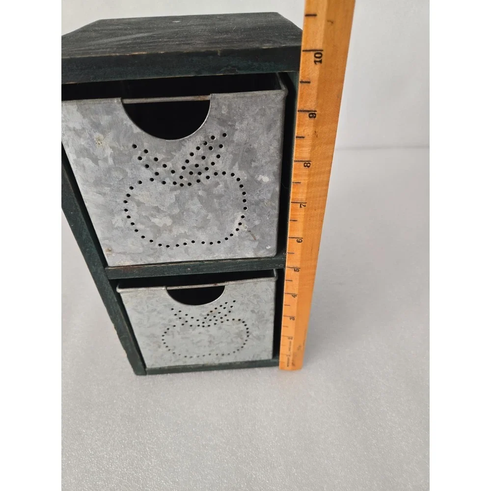 Wood 2 Tin  Drawer Primitive Display Shelf Recipe Box Spice Rack Farmhouse Apple
